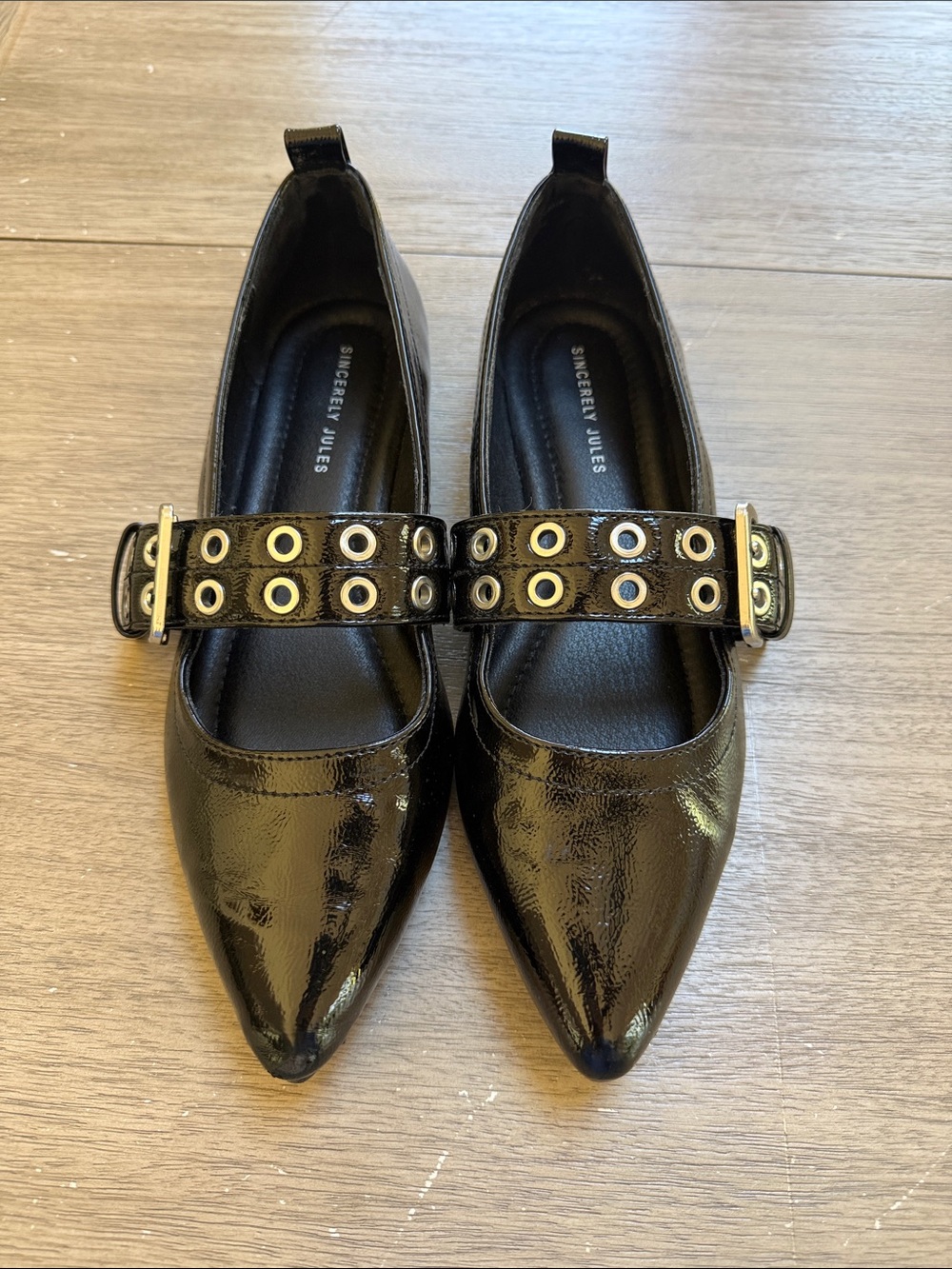 Sincerly Jules Black Patent Pointed Mary Jane Flats with Grommet Strap